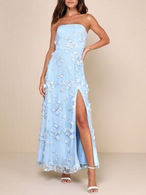Lulus Rare Presence Powder Blue 3d Floral Embroidered Maxi Dress - Size L